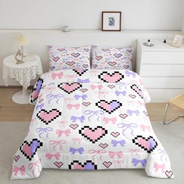 Imagem de Feelyou Conjunto de edredom casal com laço de desenho animado, rosa, borboleta, nó de princesa, coração de princesa, para crianças, com laço de aquarela, patchwork, edredom roxo e branco