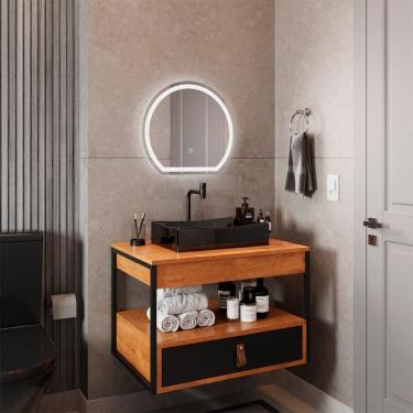 Imagem de Gabinete Harley Com Cuba Torneira Espelho Redondo Led 50cm Nature/Preto