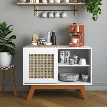 Imagem de Balcao Buffet Aparador Bar Porta De Correr Bali Pés Em Madeira Branco