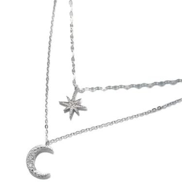 Imagem de Colar Duplo Lua E Estrela Com Pedras Zircônia Gargantilha
