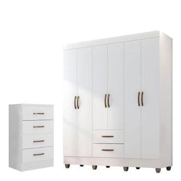 Imagem de Kit Guarda-roupa Casal 6 Portas Com Cômoda 4 Gavetas Lisa Branco - MÓV