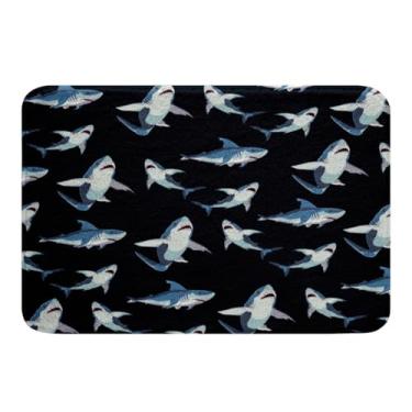 Imagem de Tapetes de banheiro tubarão, tapete de banheiro antiderrapante 50,8 cm x 81,2 cm decoração de tapetes macios macios de pelúcia com desenho de tubarões oceânicos, tapete de banheiro ultra desgrenhado para banheira, banheiro e chuveiro, sala de estar