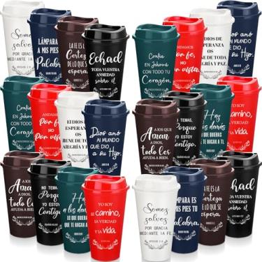 Imagem de Zhehao Copos de café cristãos espanhóis de 473 ml, reutilizáveis, versículo da Bíblia religiosa, copos de plástico a granel com tampas, caneca de viagem para presentes cristãos inspiradores frios e