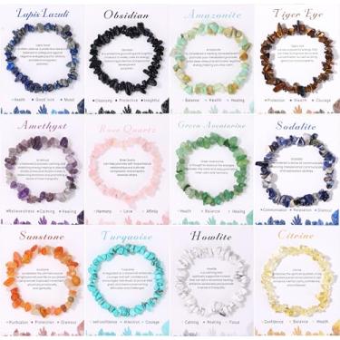 Imagem de SONNYX Conjunto De 12 Pulseiras Cristais Com Lascas Para Mulheres, Pedras Preciosas Naturais, Contas Cascalho Coloridas, Irregulares, Pulseira Elásticas Reiki, Joias