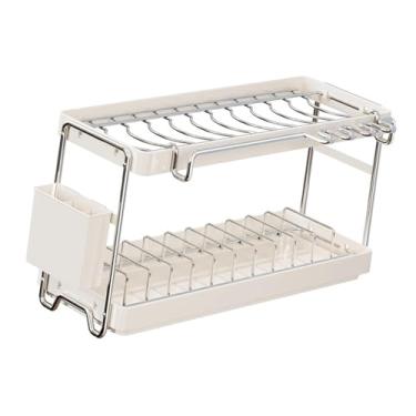 Imagem de Fenteer Escorredor de pratos de de 2 níveis, organizador de escorredor de pratos de cozinha com bandeja coletora, de que economiza espaço para e copos, 37x16.5x31cm