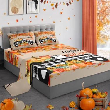 Imagem de Pamnest Jogo de lençol solteiro, outono feliz outono y'all, microfibra macia, 3 peças, decoração de quarto de crianças e adultos, caminhão quadriculado de abóbora, lençol com elástico e fronha