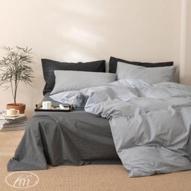 Imagem de VM VOUGEMARKET Conjunto de edredom casal, listrado cinza, 3 peças, riscas de riscas de algodão lavado, com 2 fronhas, para meninos e adolescentes (203 x 228 cm)