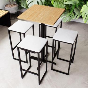 Imagem de Conjunto Mesa Alta Bar Bistrô Quadrada Pinus 4 Bancos Estofado Industr
