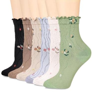Imagem de Meias bropapa Ruffle Crew para mulheres com padrão floral vintage