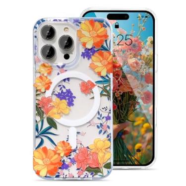 Imagem de UEEBAI Capa magnética para iPhone 14 Pro Max, capa de flores compatível com MagSafe, capa de telefone floral bonita com carregamento sem fio, antiamarelamento, flores luxuosas, capa transparente para
