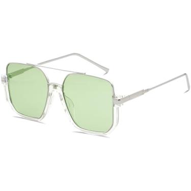 Imagem de Tskestvy Óculos de sol unissex retrô quadrado aviador para mulheres e homens, tamanhos grandes, modernos, tons coloridos dos anos 70, Armação transparente/lentes verdes, tamanho �nico