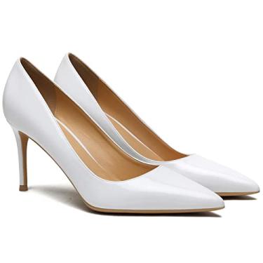 Imagem de MOOMMO Sapatos femininos clássicos de salto alto, bico fino, sem cadarço, salto stiletto, bico fino, fechado, salto gatinho, sandálias de salto de gatinho de 7,6 cm, para escritório, festa de