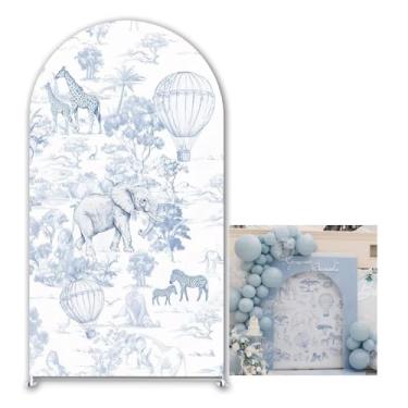Imagem de KONPON Blue Toile de Jouy Capa de pano de fundo arqueado tema safári selva arco suporte capa de tecido para decoração selvagem de um aniversário, viagem, festa aventura (sem suporte!)
