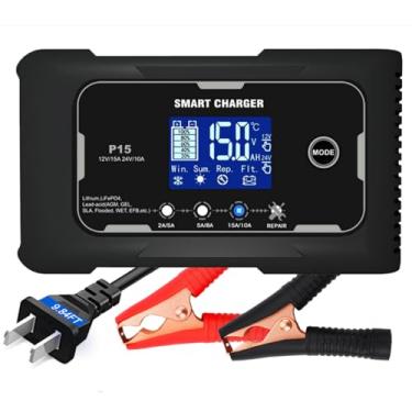 Imagem de Carregador de bateria inteligente para carro P15 12V/24V 15A, carregamento em 9 estágios com visor LCD, comutação entre os modos verão/inverno para baterias de chumbo-ácido AGM de lítio LiFePO4