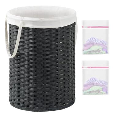 Imagem de SETVSON Cesto de lavanderia redondo de vime de vime de 110 L, cesta de vime grande tecida à mão com alças, cesto de vime com sacos removíveis e 2 sacos de malha para banheiro, sala de estar, preto