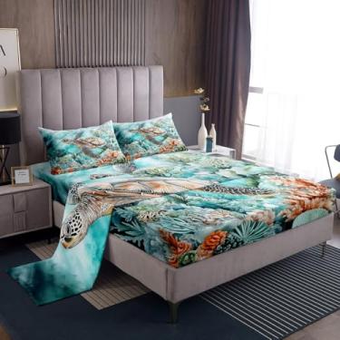 Imagem de Manfei Jogo de lençol infantil casal, animais do oceano, algas marinhas, decoração de quarto de meninos e meninas, concha, verão, lago, azul marinho, 4 peças (lençol + plano + 2 fronhas)