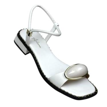 Imagem de Sandália Tamanco Feminino Salto Baixo Conforto Ajustável Regulável Enfeite Lesma Tachas Bico Quadrado (Branco, BR, Adulto, Numérico, 39)