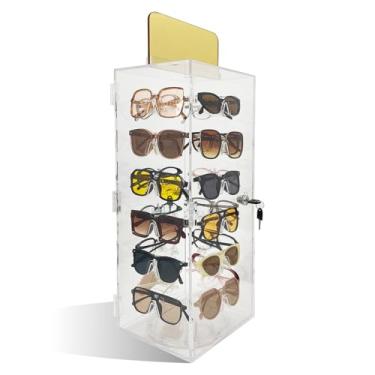 Imagem de Cityjoy Organizador de óculos de sol bloqueável, suporte de acrílico para exibição de óculos de sol com espelho, estojo giratório para óculos de sol, suporte para armazenamento de óculos, torre de