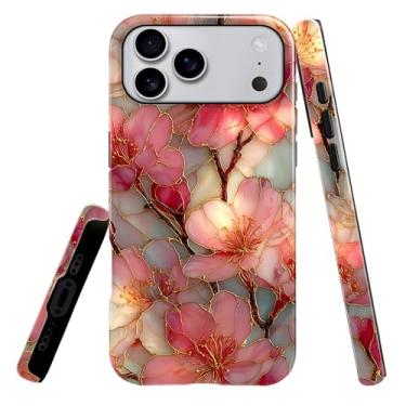 Imagem de heindiy Compatível com iPhone 17 Pro Max, capa brilhante, proteção total, à prova de choque, anti-arranhões, capa de TPU, capas para homem, mulher, flores rosa, vitrais