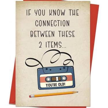 Imagem de Qiyepbro Cartão de aniversário engraçado, fita cassete antigos cartões de aniversário humorísticos retrô para amigos da família - se você souber a conexão entre esses 2 itens