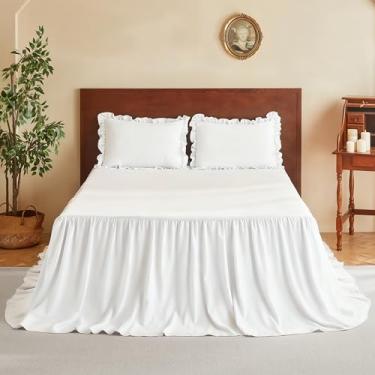 Imagem de MR&HM Conjunto de colcha com saia de babados de microfibra escovada – 76 cm de comprimento, 2 peças, colcha de cama estilo chique gasto, colcha de cama macia e fronha, decoração de fazenda vintage