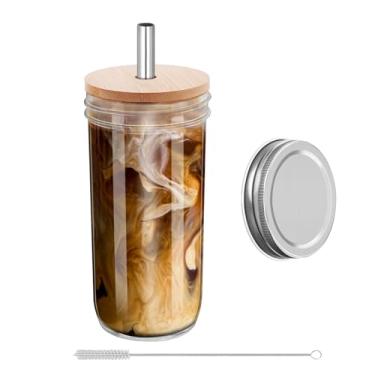 Imagem de eispap 1 copo de vidro de 680 g com tampas de bambu e canudos herméticos, copos de smoothie reutilizáveis, copos de café gelado, copo de vidro para chá de bolhas, suco, presente (1)