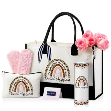 Imagem de Geiserailie 8 peças de presentes de assistente dentário para mulheres, incluindo grande sacola de cosméticos, copo de copo, meias de pelúcia, chaveiro de metal, cartão e envelope para presentes de