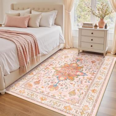 Imagem de RELEANY Tapetes de área, 1,2 m x 1,8 m, lavável, antiderrapante, estampa floral, vintage, tapete medalhão para sala de estar, quarto, sala de jantar, rosa claro colorido