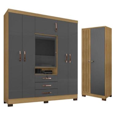 Imagem de Guarda Roupa Casal Imperial Com Armário Multiuso Versátile Carvalho Americano Grafite - Incorplac