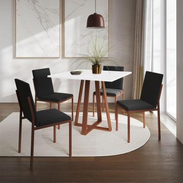 Imagem de Conjunto De Jantar Mesa 90Cm Branca Com 4 Cadeiras Estofadas Pretas Base Cobre - Preto