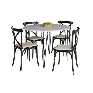 Imagem de Mesa Jantar Redonda Branca Elen 110Cm Hairpin Com 4 Cadeiras Katrina Preta - Cor: Branco