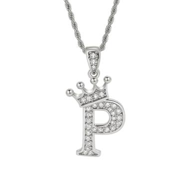 Imagem de Colares femininos com inicial de prata, colar longo com pingente delicado de letra A-Z, colar com nome de coroa, joias para presente feminino, One size, Metal, Sem Pedra Preciosa