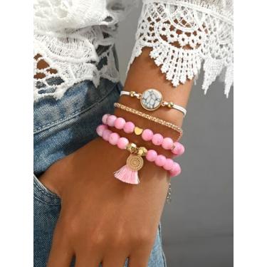 Imagem de Conjunto de pulseiras femininas Boho com contas – 4 peças de pulseiras em camadas de borla rosa com pingente de coração, pedra de mármore e corrente de ouro, joias modernas ajustáveis para meninas