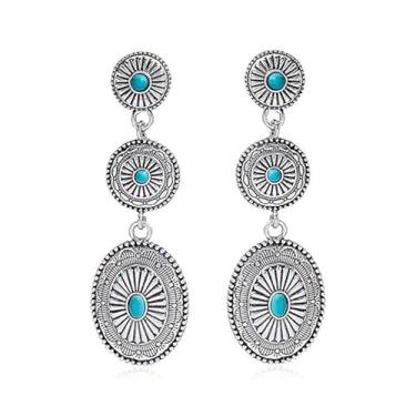 Imagem de Brincos ocidentais para mulheres, vintage, concho, ovais, turquesa, brincos pendentes, joias ocidentais para mulheres, presente de joias country compatível, one size, Liga de aço, Sem pedra preciosa