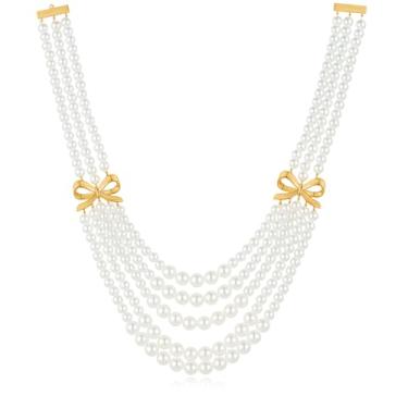 Imagem de INNERDIVA Colar de pérolas para mulheres, colar gargantilha de pérolas em camadas com 5 camadas de pérolas falsas com fechos de laço de ouro, bijuterias de fantasia, colares de festa de casamento