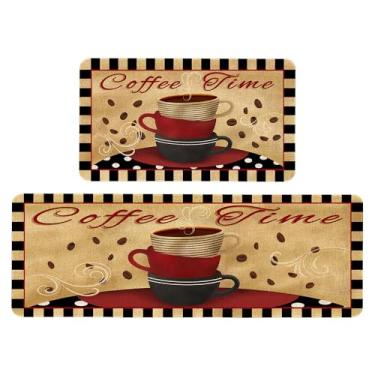 Imagem de gdhiybf Farmhouse Coffee Conjunto de 2 tapetes e tapetes de cozinha vintage antiderrapantes laváveis decoração de cozinha 43 x 119 cm e 43 x 73 cm