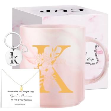 Imagem de Presentes de Natal com monograma para mulheres, caneca de chá de cerâmica inicial de 325 ml com colar, presente de aniversário exclusivo para sua esposa, professora, amiga, mãe, K