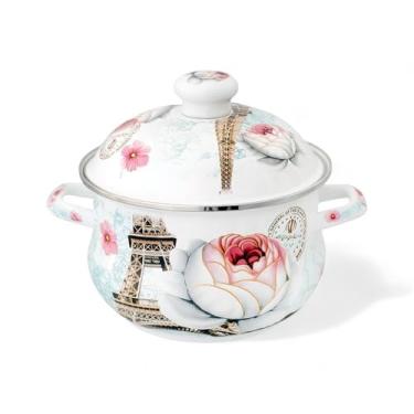 Imagem de Paris Caçarola Esmaltada Vintage, Ferro com Revestimento em Esmalte, 3,6L, para Fogão a Gás, Elétrico e Indução, 22 x 28 x 20,5cm, com Tampa