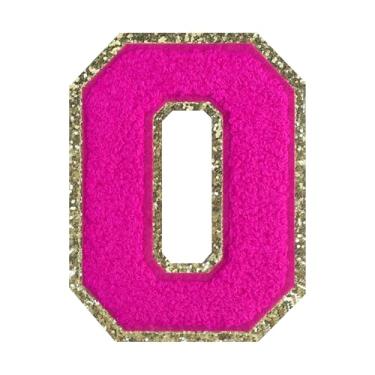 Imagem de 1 PÇ Patch de letra de chenille rosa de 11,4 cm com borda dourada – Remendos do alfabeto para roupas, jaquetas, mochilas, chapéus para decoração personalizada, nome personalizado e artesanato. (O)
