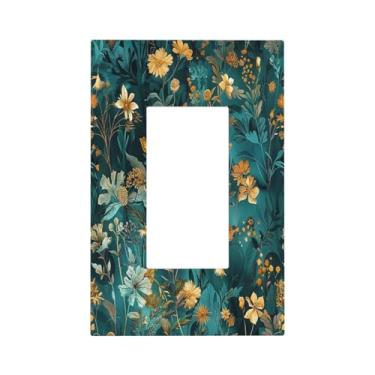 Imagem de BHGAHD Capas de tomada decorativas com conjunto floral com folhas douradas em fundo turquesa, capas de interruptor de luz de balancim, decoração única, placa de parede de dispositivo GFCI para