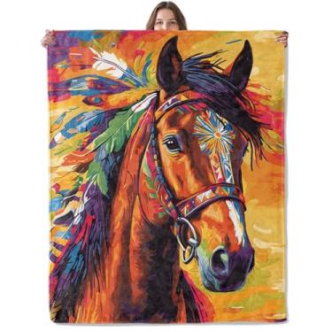 Imagem de Lugiu Cobertor de cavalo vibrante, leve e confortável para sofá, quarto, flanela de viagem macia e aconchegante cobertores de arte colorida abstrata presentes para meninas, meninos, crianças e adultos