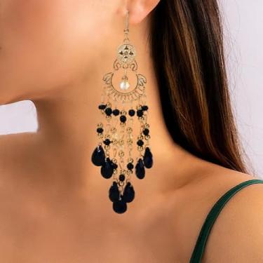 Imagem de Brincos femininos com pingente de borla dourada, opção de 3 cores (branco/azul/preto) brincos boêmios, joias modernas para festas e uso diário, One Size, Metal Vidro, Sem pedra preciosa