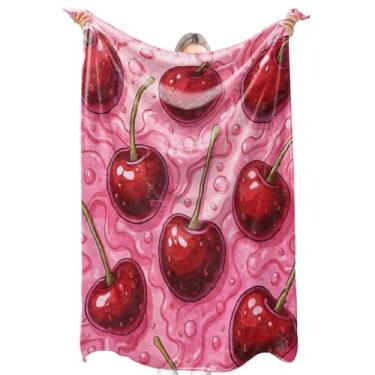 Imagem de zbezbe Manta de flanela de cereja vermelha fofa divertida de desenho animado fruta rosa geléia cobertor leve fofo para festa, cadeira, cama, sofá, acampamento, viagem, decoração de casa, presentes