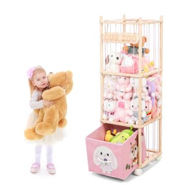 Imagem de JoyPcsTable Zoológico de armazenamento de animais de pelúcia com gaveta de tecido removível e rodas de bloqueio, organizador de brinquedos de madeira 2 em 1 para economizar espaço, suporte de