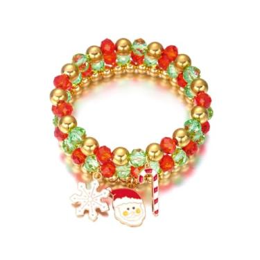 Imagem de RLHRNDE Conjunto de pulseiras de contas de cristal de Natal para homens e mulheres feitas à mão com contas coloridas brilhantes e elásticas de Natal, floco de neve, boneco de neve, sino, Papai Noel