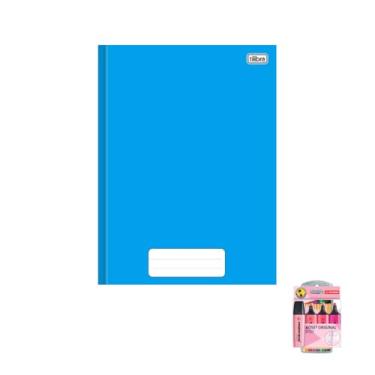 Imagem de Kit Caderno Brochura Capa Dura Pepper Azul 80 Folhas + Caneta Point 88 10 Cores + Marca Texto Boss 4 Cores