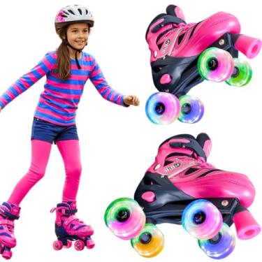 Imagem de Patins Infantil 4 Rodas Rosa Menina Feminino e Menino Masculino Com Roda Led RGB colorido Patis Quad Good Feelings Para Iniciante Brinquedo Presente Criança 5 Anos (Rosa com Azul Escuro, P31-34)