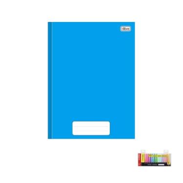 Imagem de Kit Caderno Brochura Capa Dura Pepper Azul 80 Folhas + Marca Texto Boss Estojo 15 Cores