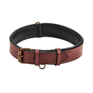 Imagem de Coleira de cachorro de couro real acolchoada interior macio com visual vintage premium feito à mão com anel de etiqueta para animais de estimação pequenos médios e grandes (grande (3,81 cm de largura para 41,91 cm - 52,1 cm de pescoço), sangue ox)