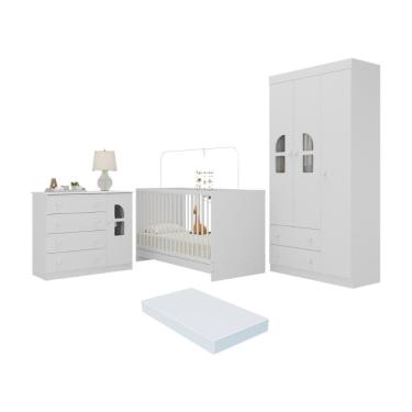 Imagem de Quarto De Bebê Completo Com Berço 3 Em 1 Com Colchão Incluso Amora Multimóveis MP4573 Branco